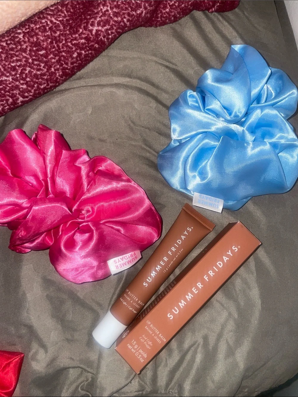 Summer Fridays Lip Butter Balm with Hot Pink and Sky Blue Satin Scrunchies